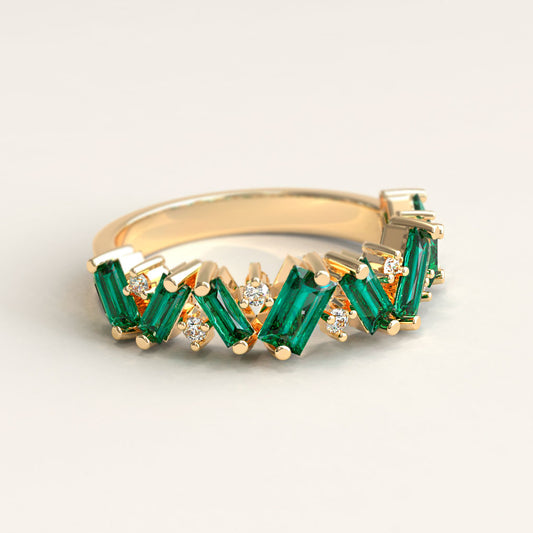 18k Gold with Baguette Emeralds and Diamonds Ring